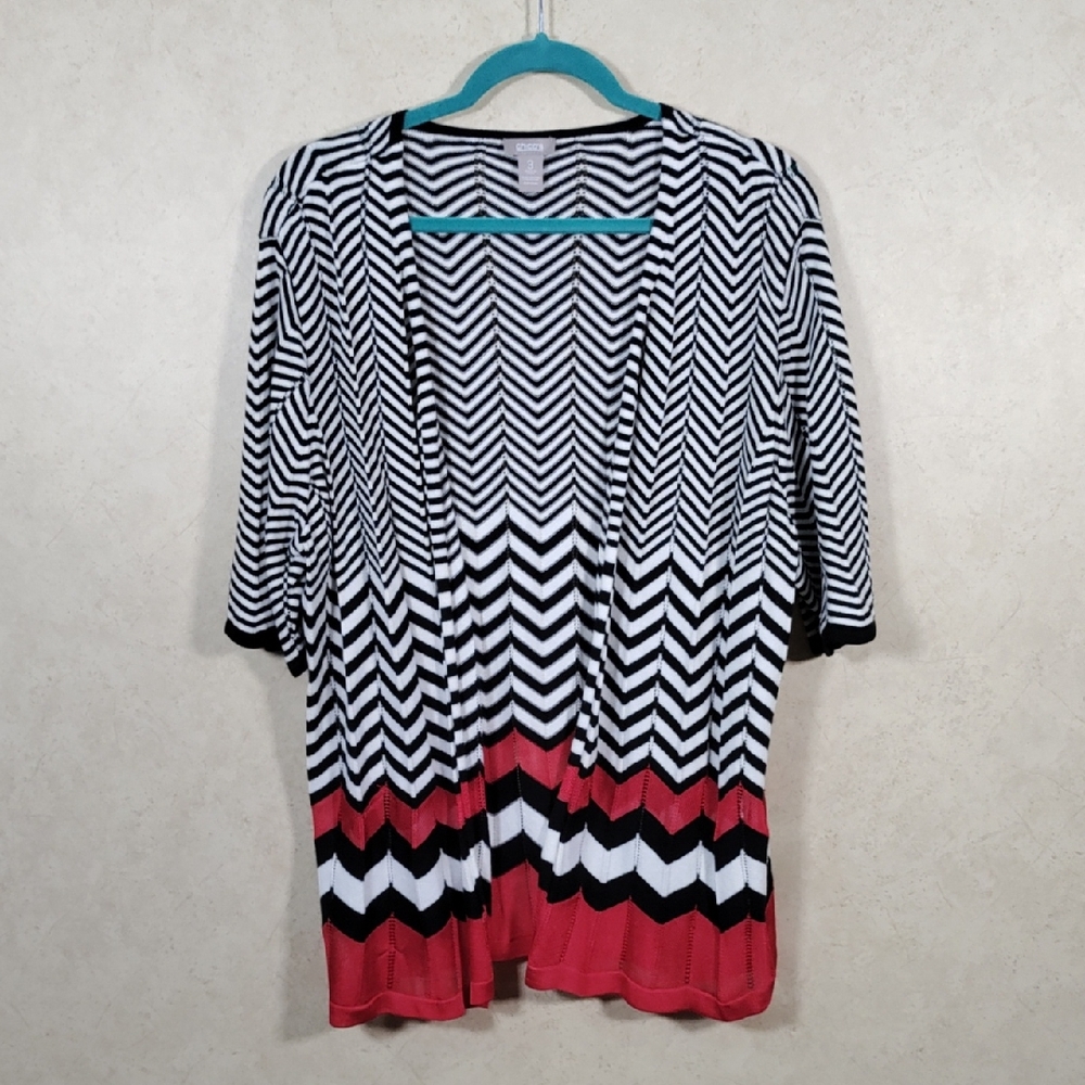 H163 Chico's black, red, and cream Chevron S/S cardigan 3 XL